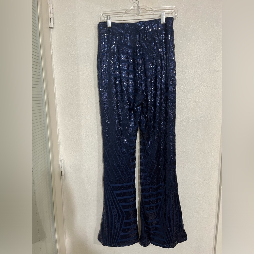 Unbranded navy blue sequin bootleg wide size L 95% polyester pants 11” boot size - Picture 3 of 5